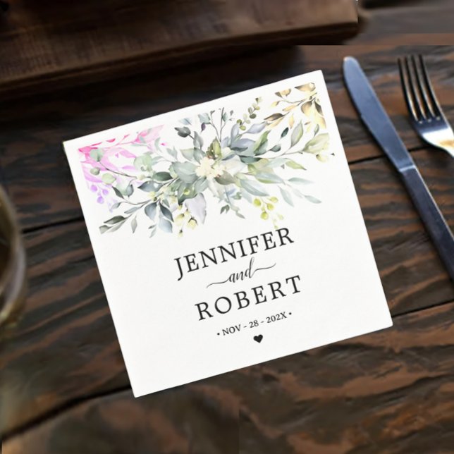 Serviette En Papier Thème botanique rustique | Mariage d'eucalyptus (Enhance your wedding table decor with our Rustic Botanical Eucalyptus Greenery Wedding Napkins.)