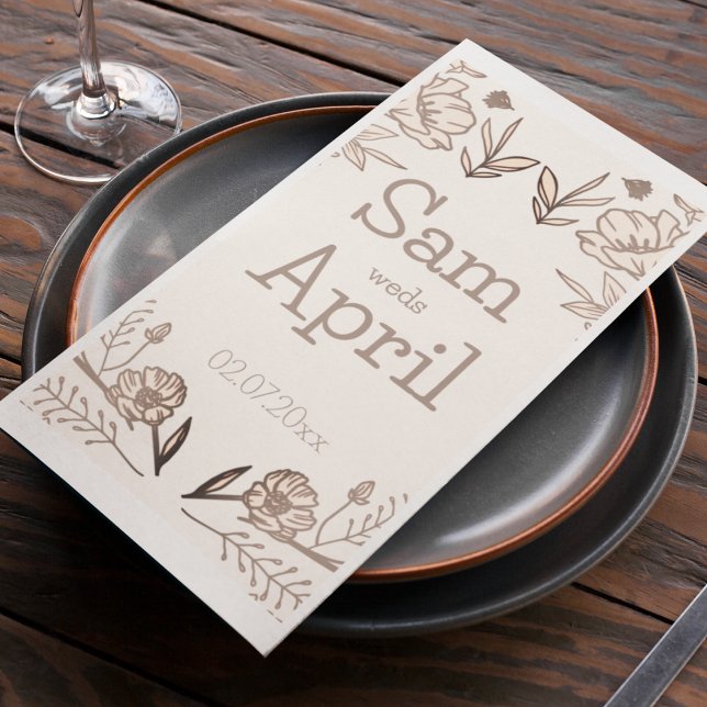 Serviette En Papier Thème Brown Floral Mariage (Guest towel with a bride and groom name )