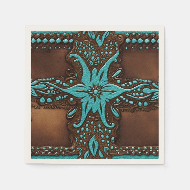 Serviette En Papier Thème Cowboy Rustique Turquoise Marron Fête Occide (Devant)