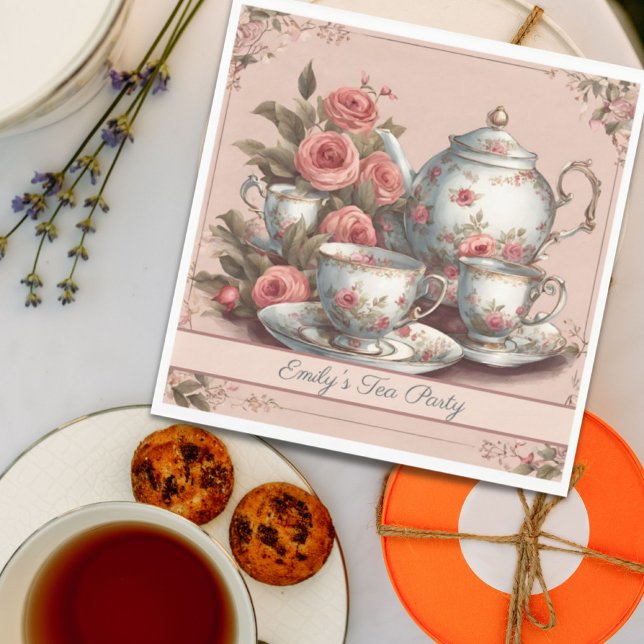 Serviette En Papier Thème de fête d'anniversaire avec un jardin fleuri (Vintage Pink Floral Garden Birthday Tea Party Napkins)