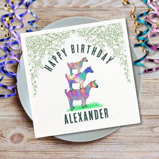 Serviette En Papier Thème de fête d'anniversaire de chèvre verdure nom (Cute goats colorful farm animal art happy birthday party custom paper plates)