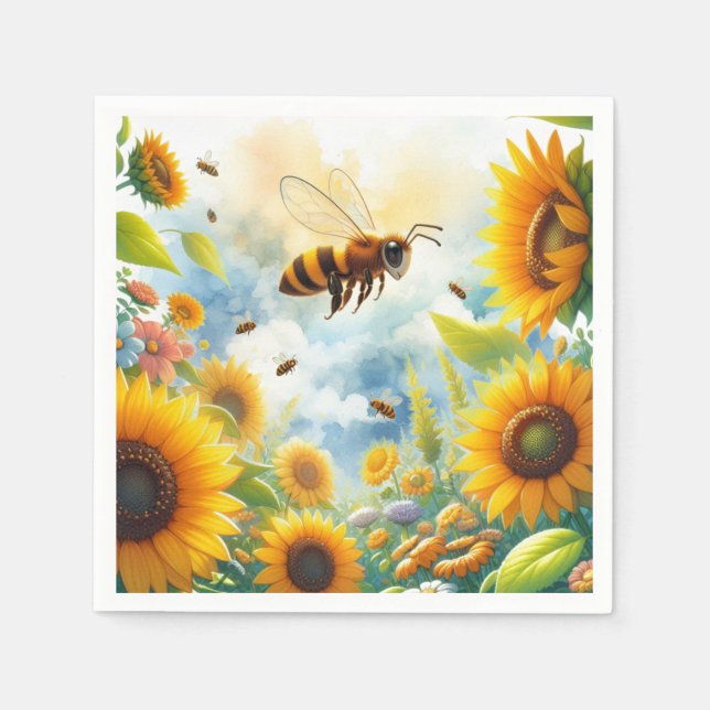 Serviette En Papier Thème de jardin Tournesol Abeille Occupée  (Devant)