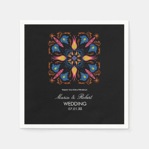 Serviette En Papier Thème de mariage indien Éléphant Floral Noir   