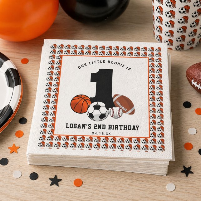 Serviette En Papier Thème de sports avec ballon pour le 1er anniversai (1 Ball Sports Theme Boy’s 1st Birthday Napkins)