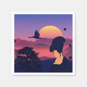 Serviette En Papier Thème Japonais Geisha Tree Et Soleil Levant