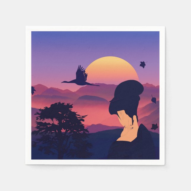 Serviette En Papier Thème Japonais Geisha Tree Et Soleil Levant (Devant)