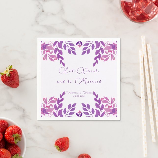 Serviette En Papier Thème Mariage Feuille violet (En situation)