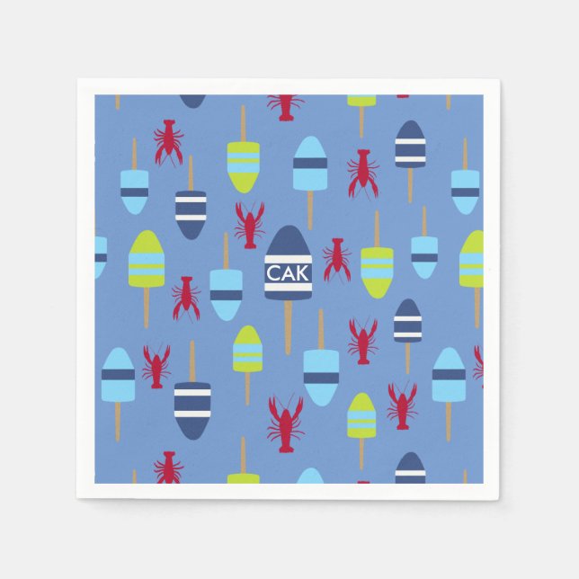 Serviette En Papier Thème nautique Bouée et homard monogrammée (Devant)
