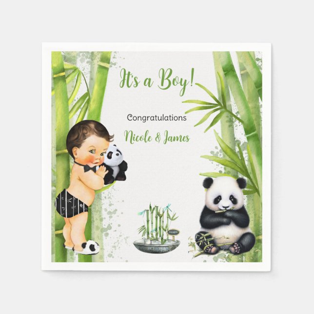 Serviette En Papier Thème Panda Bamboo Bébé Garçon Noir Blanc Vert (Devant)