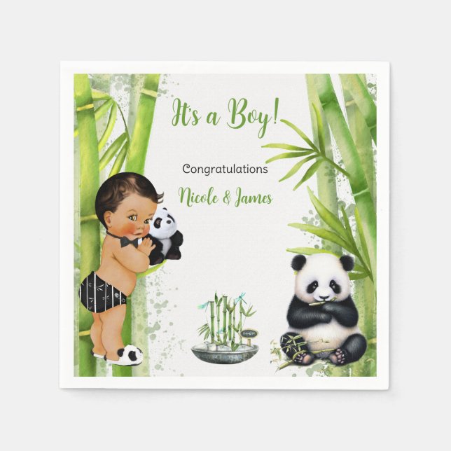 Serviette En Papier Thème Panda Bamboo Bébé Garçon Noir Blanc Vert (Devant)