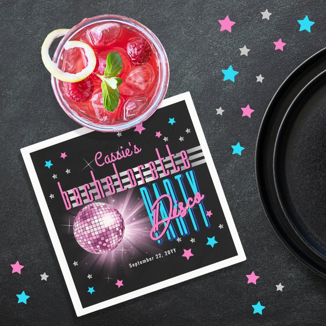 Serviette En Papier Thème rétro années 70 néon boule à facettes soirée (Retro 70's Neon Look Disco Ball Bachelorette Party Cocktail Napkins)