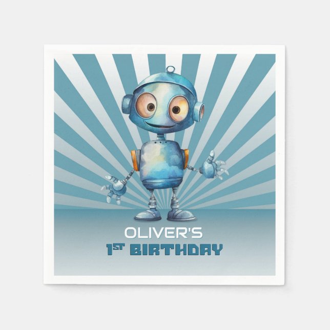 Serviette En Papier Thème Robot Bleu 1er Anniversaire (Devant)