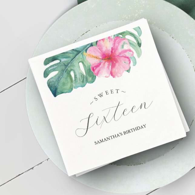 Serviette En Papier Thème tropical d'anniversaire pour 16 ans douceur  (Birthday party sweet 16 napkins with tropical theme watercolor art by Victoria Grigaliunas)