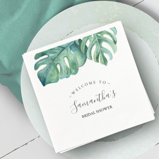 Serviette En Papier Thème tropical Fête des mariées Palm Feuille (Personalized napkins tropical bridal shower watercolor monstera leaf by Victoria Grigaliunas)