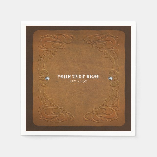 Serviette En Papier Thème Western Rustique Marron Cuir et Diamants Fêt (Devant)