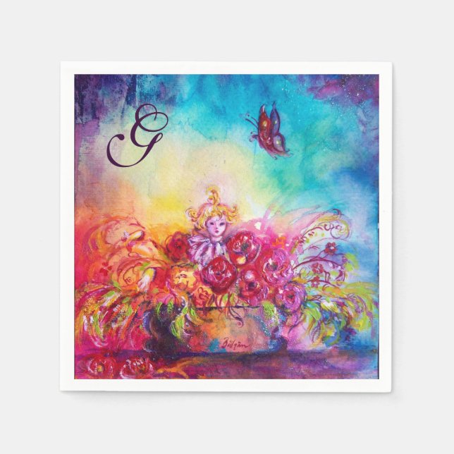 SERVIETTE EN PAPIER THUMBELINA, PANIER À FLEURS ET MONOGRAMME À BOUTEI (Devant)