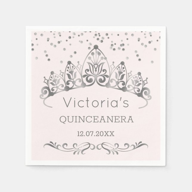 Serviette En Papier Tiara d'argent, pois de polka confetti Quinceanera (Devant)