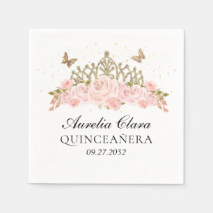 Serviette En Papier Tiare Élégante Rose Pâle Florale Or Quinceanera