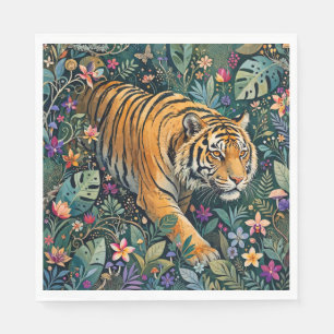 Serviette En Papier Tigre aux Yeux Ambrés Fantaisie Feuillage de la Ju
