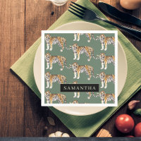 Tigres d'aquarelle verte tropicale Motif avec nom