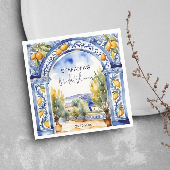 Serviette En Papier Tiles bleus italiens arche citrons enterrement de  (Italian Blue tiles arch lemons bridal shower tableware personalized napkins Napkins watercolor scene)