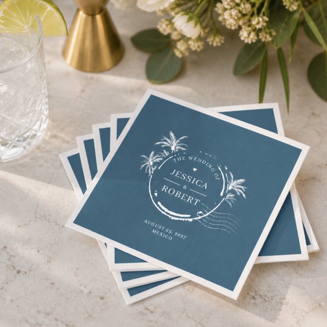 Serviette En Papier Timbre de mariage côtier bleu moderne (Créateur téléchargé)