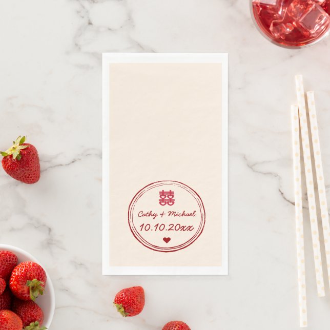 Serviette En Papier Timbre mariage chinois rose beige double bonheur (En situation)