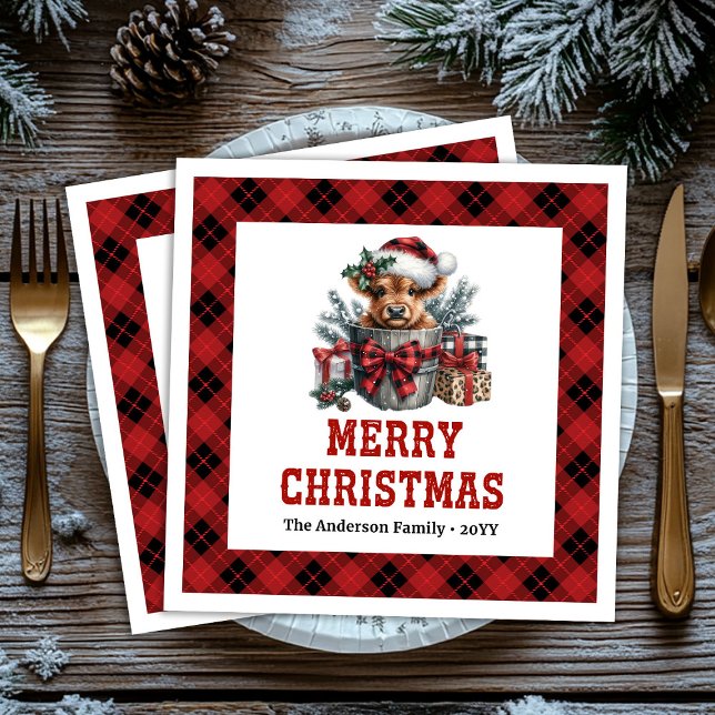 Serviette En Papier Timeless highland cow Christmas napkins red black  (Timeless highland cow Christmas napkins red black plaid tag

)