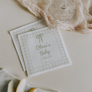 Serviette En Papier Tiré à la main Vert Gingham Ruban Rétro Baby Showe