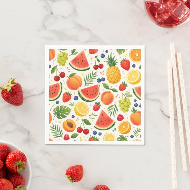 Serviette En Papier Tissu à motif de fruits d'été | Pastèque tropicale (En situation)