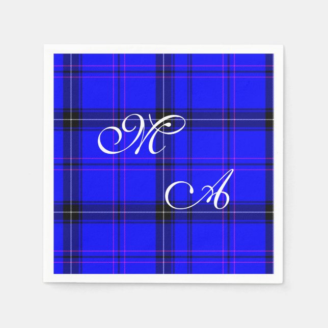 Serviette En Papier Tissu Tartan Bleu Écossais Avec Monogramme (Devant)