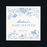 Serviette En Papier Toile Bleue De Jouy Baby shower Floral Vintage<br><div class="desc">Il y a un bébé en fleurs ! Cette collection de décors Blue Chinoiserie, présente des motifs floraux délicats en toile pour une élégance intemporelle. Chaque pièce de cette collection présente des motifs complexes dans les tons bleus, évoquant un sentiment de sophistication et d'élégance. Merci de m'aider à planifier votre...</div>