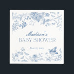 Serviette En Papier Toile Bleue De Jouy Baby shower Floral Vintage<br><div class="desc">Il y a un bébé en fleurs ! Cette collection de décors Blue Chinoiserie, présente des motifs floraux délicats en toile pour une élégance intemporelle. Chaque pièce de cette collection présente des motifs complexes dans les tons bleus, évoquant un sentiment de sophistication et d'élégance. Merci de m'aider à planifier votre...</div>