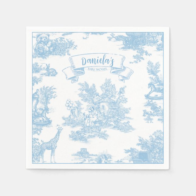 Serviette En Papier Toile bleue et blanche de Jouy Baby shower (Devant)