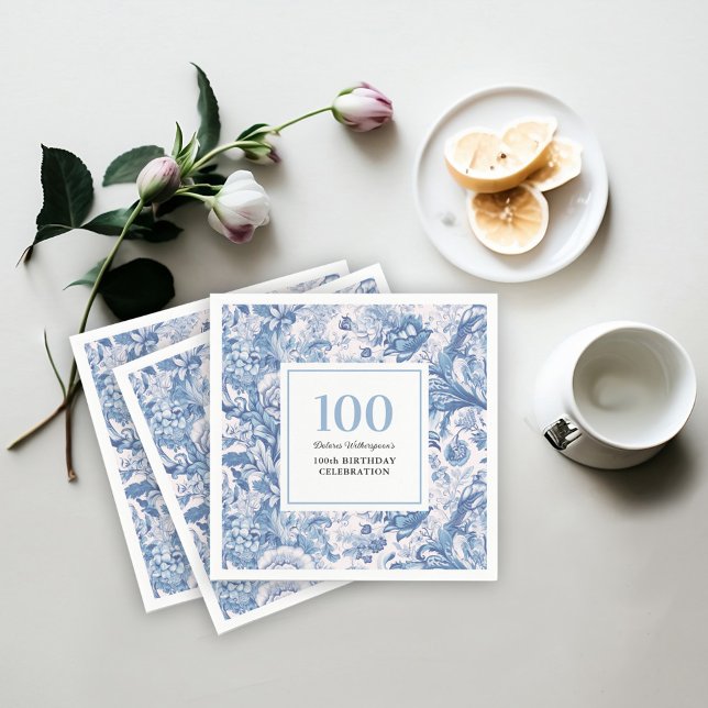 Serviette En Papier Toile Bleue Française 100e anniversaire (Personalize these French blue toile party napkins for your event.)