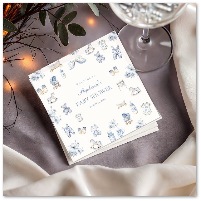 Serviette En Papier Toile De Jouy Baby Shower Blue Bow Boy (Toile De Jouy Baby Shower Blue Bow Boy Napkin)