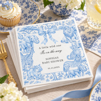 Serviette En Papier Toile de Jouy Bleue Fête Prénatale Safari Garçon