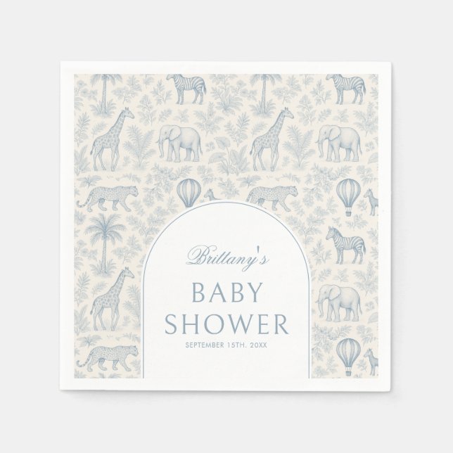 Serviette En Papier Toile De Jouy Safari Animaux Blue Boy Baby shower (Devant)