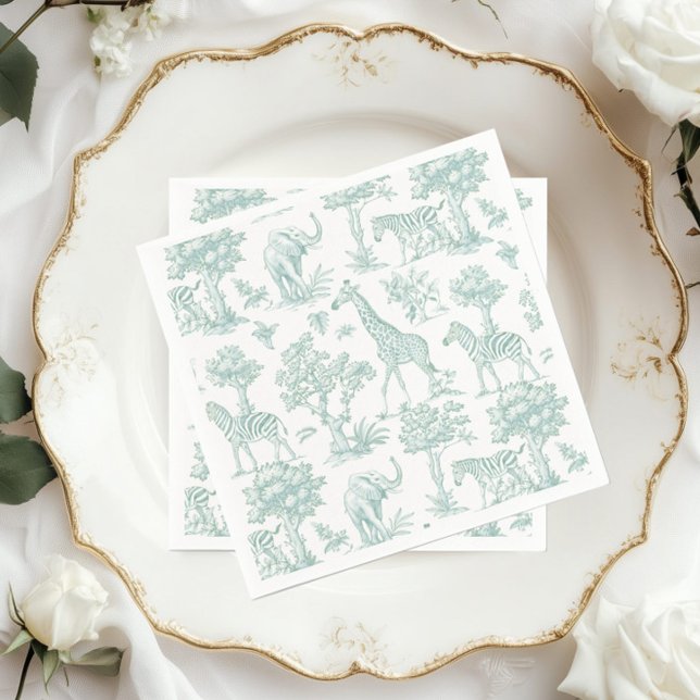 Serviette En Papier Toile de Jouy Safari animaux Sage Baby shower (Créateur téléchargé)