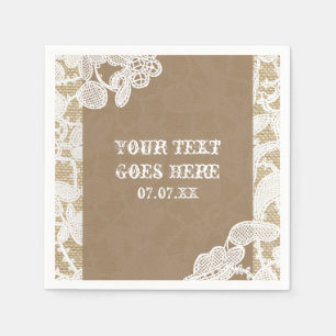 Serviette En Papier Toile de jute et dentelle florale blanche Mariage 