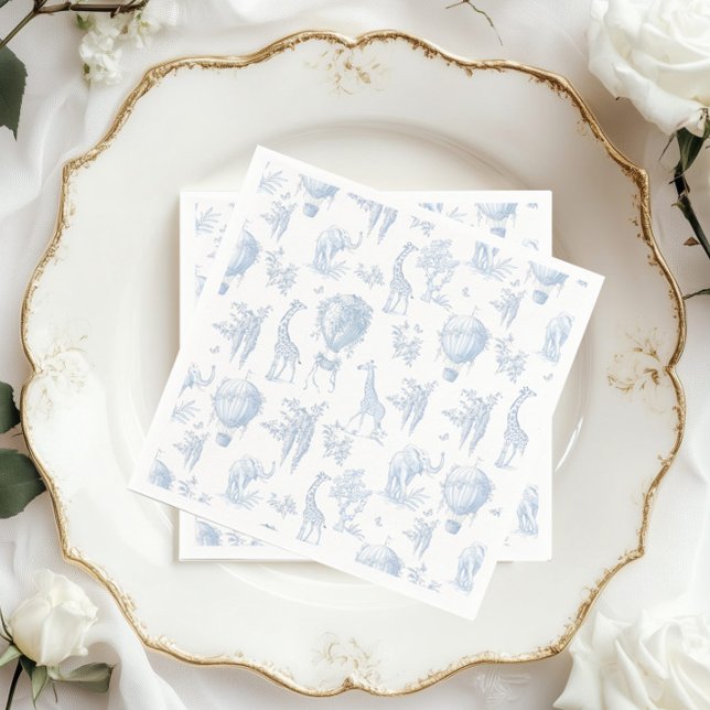 Serviette En Papier Toile Safari Hot Air Balloons Baby shower bleu (Créateur téléchargé)