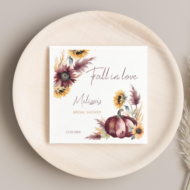 Serviette En Papier Tombé amoureux boho citrouille tournesol enterreme (Fall in love boho pumpkin sunflowers autumn bridal shower personalized printed napkins template )