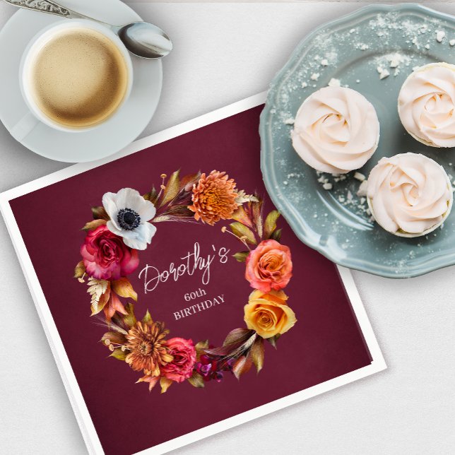 Serviette En Papier Tonalité Terre Bourgogne Fleurs d'automne 60e anni (A personalized 80th birthday napkin adds a special touch to your table!)
