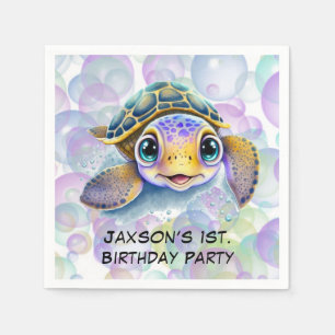 Serviette En Papier Tortue mignonne avec bulles 1er. Fête d'anniversai