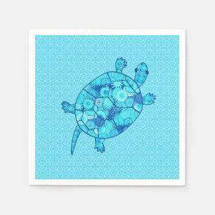 Serviette En Papier Tortue tourbée fractale - cobalt et bleu turquoise