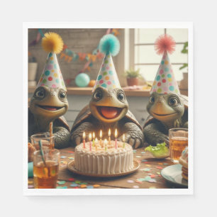 Serviette En Papier Tortues célébrant un anniversaire avec gâteau et c