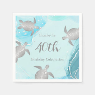 Serviette En Papier Tortues de mer argentées Encre bleue Anniversair