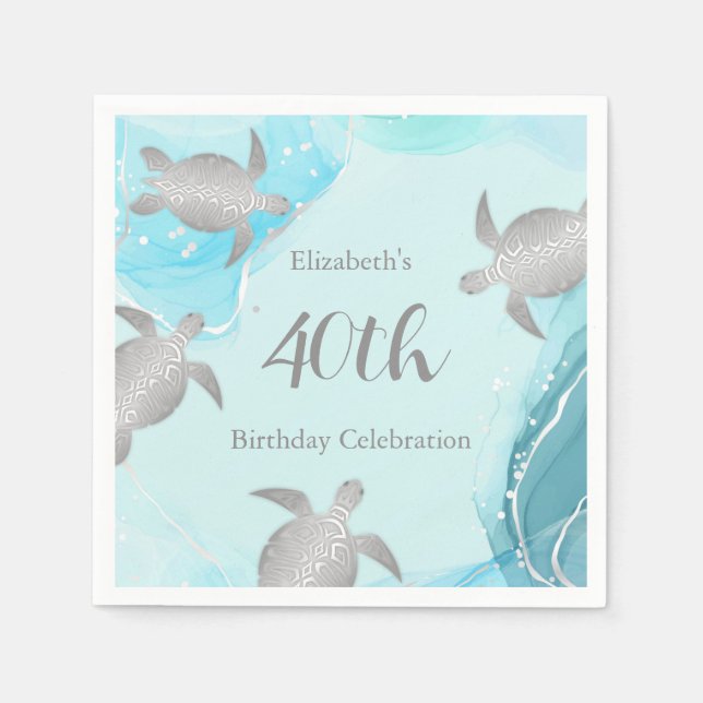 Serviette En Papier Tortues de mer d'argent encre bleue | Anniversaire (Devant)