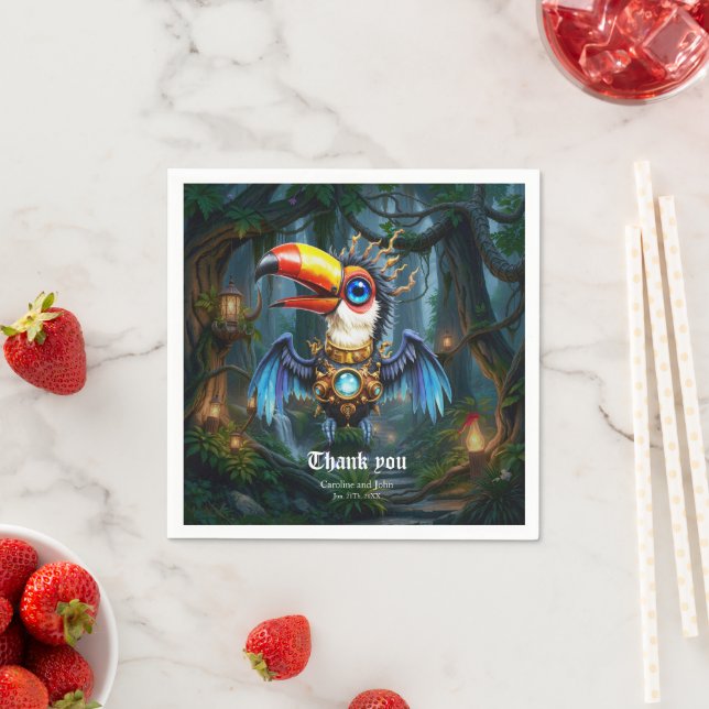 Serviette En Papier Toucan Steampunk éclairé par la lune. (En situation)