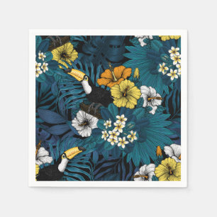 Serviette En Papier Toucans et flore tropicale, bleu, jaune, orange